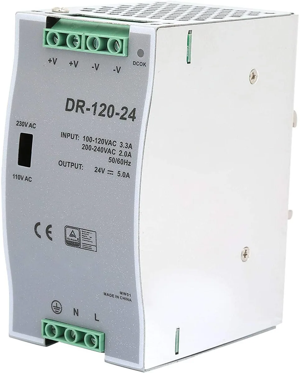 Grey rectangular DIN-rail power supply with vented metal housing and terminal blocks