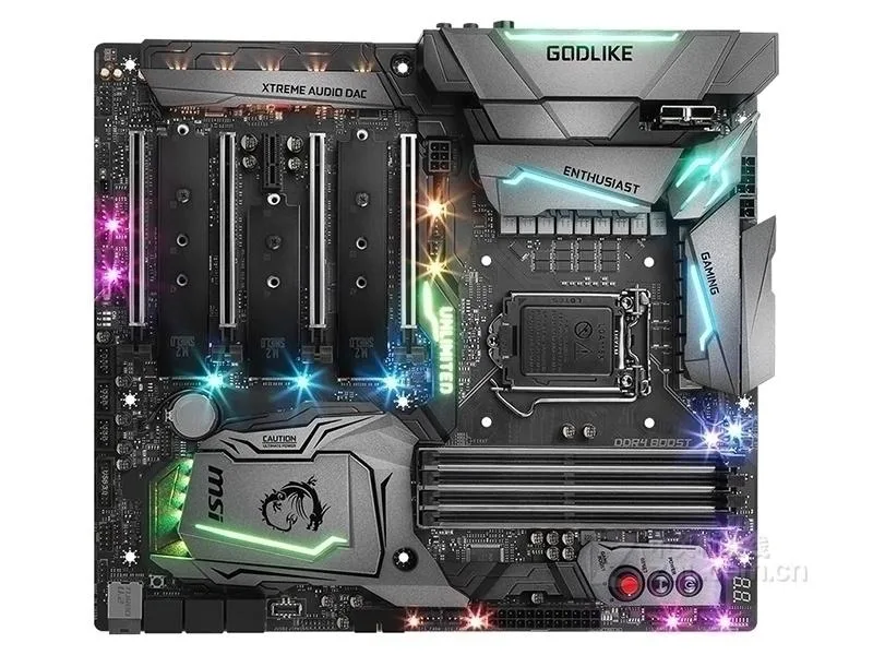 Black E-ATX motherboard with silver heatsinks and RGB lighting