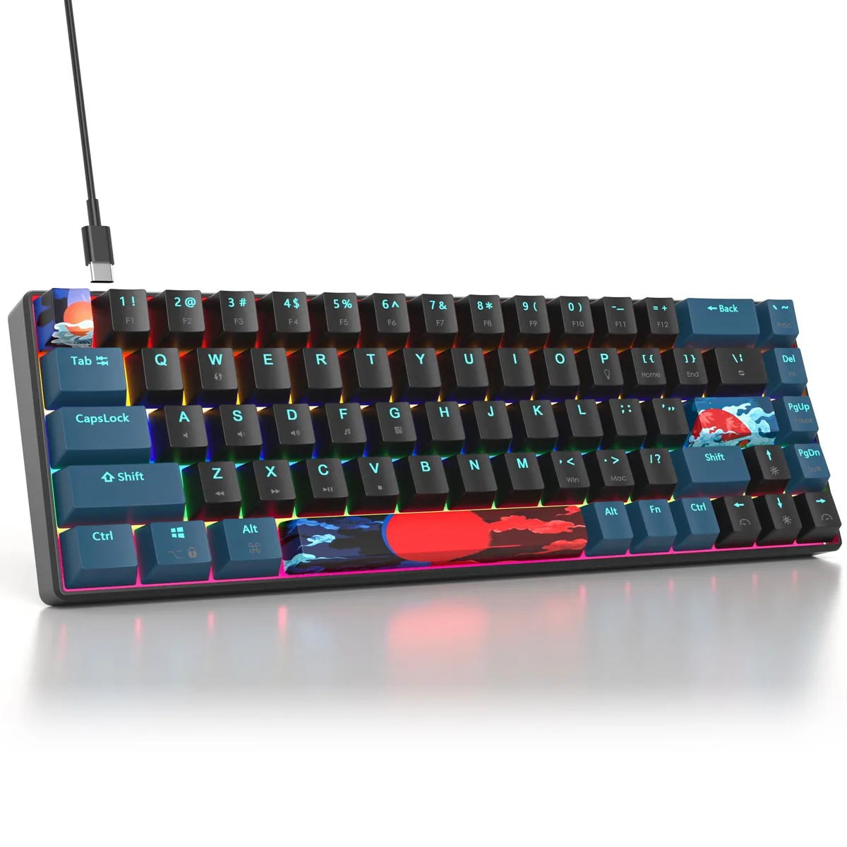 Compact 65 percent mechanical keyboard with black and lake green monster theme PBT keycaps, RGB backlighting