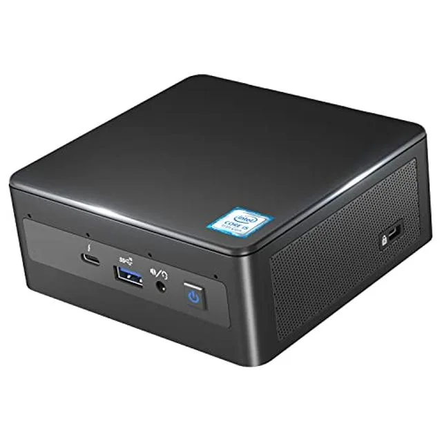 Small square black desktop mini PC with front ports