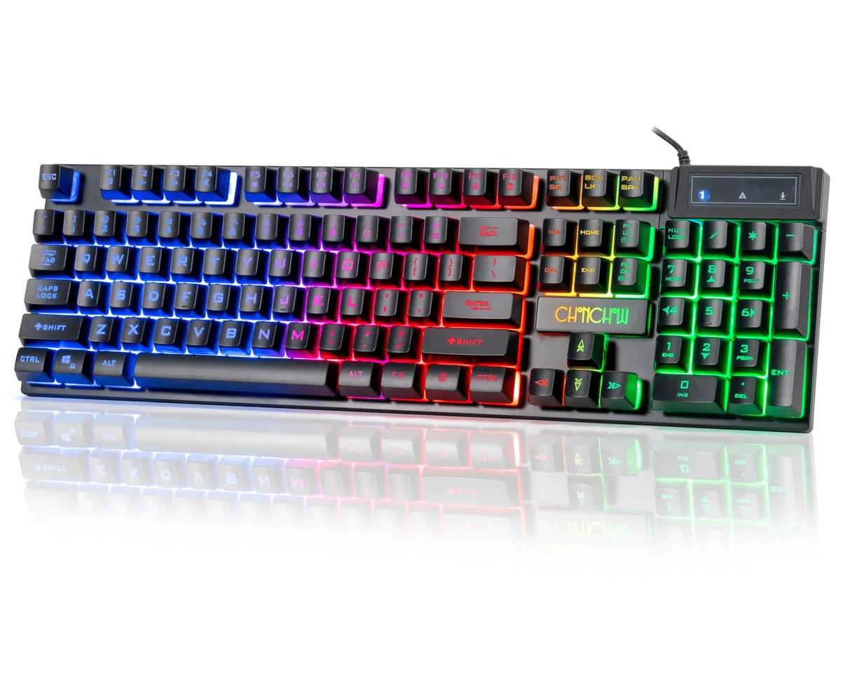 Full-size wired mechanical keyboard, 104 keys, RGB backlight, plastic chassis