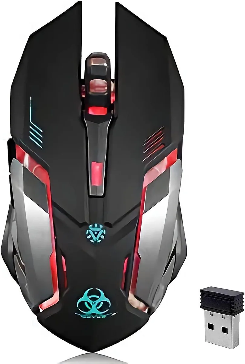 Black wireless gaming mouse with symmetrical shape, six buttons, rubber scroll wheel and breathing LED lighting
