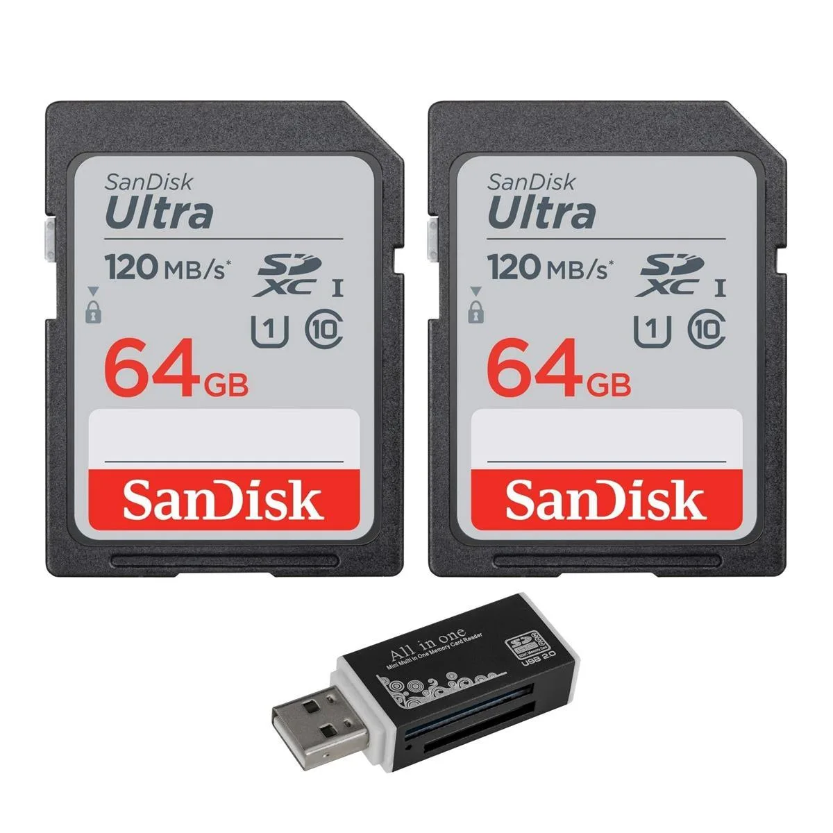 SanDisk SanDisk 64GB Ultra SDXC UHS-I Memory Card 2-Pack + Card Reader 120MB/s — product photo