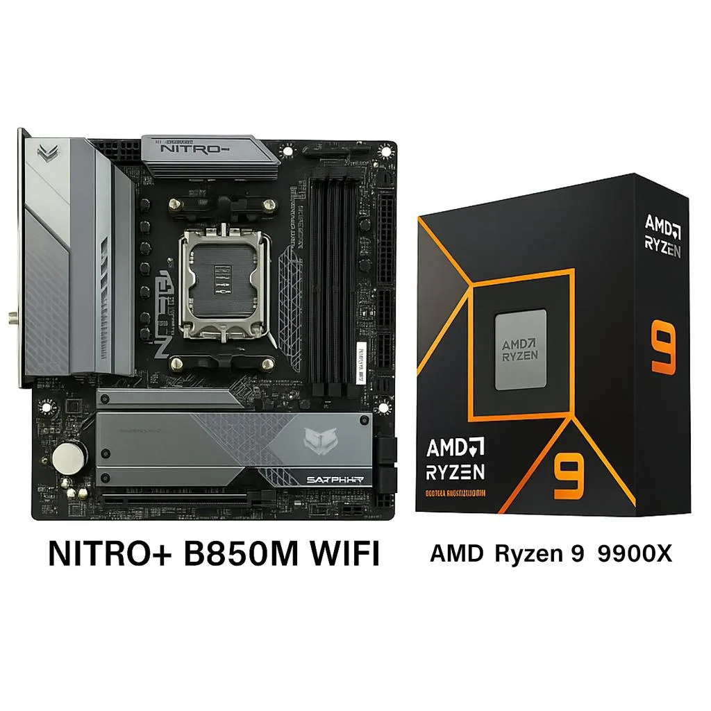 Sapphire NITRO+ B850M WIFI motherboard with Ryzen 9 9900X CPU in matte black finish