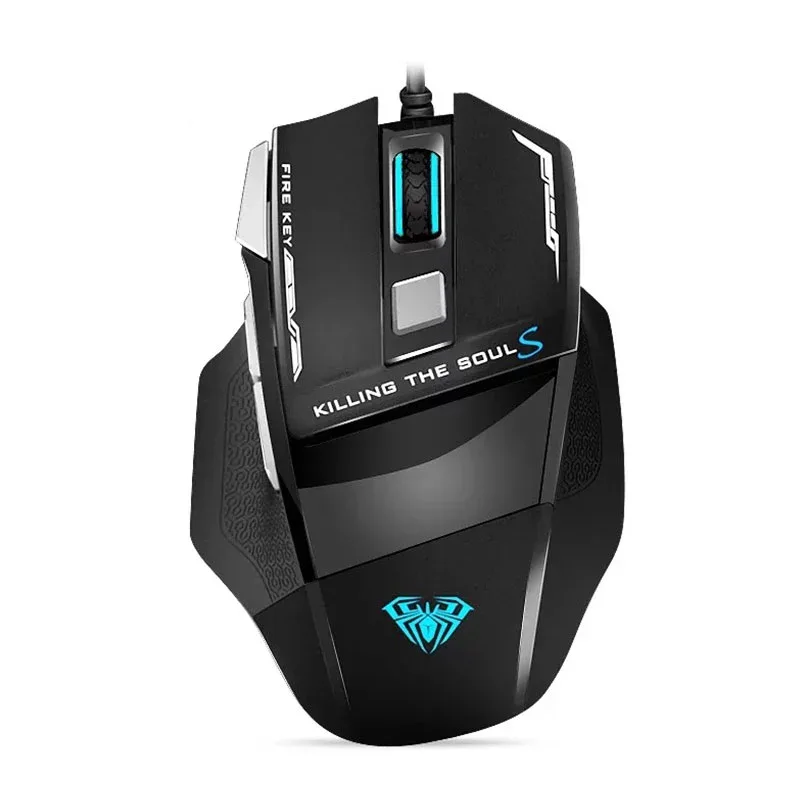 Black right-hand wired gaming mouse with ergonomic shape, textured grip, seven buttons and colourful tail-wing breathing light