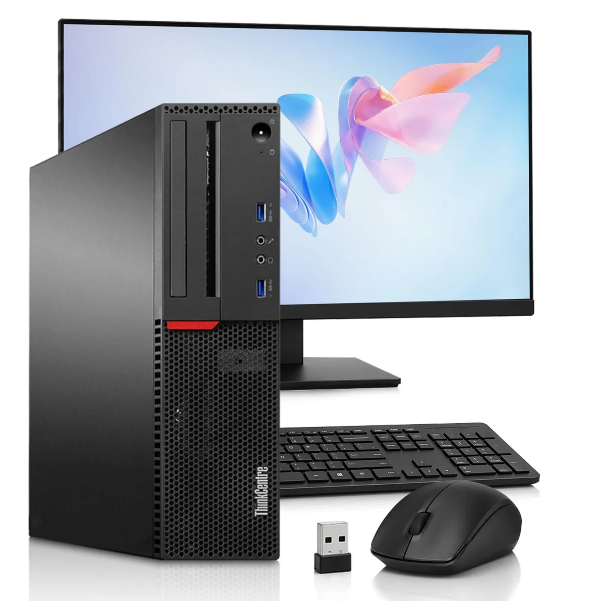 Black Lenovo ThinkCentre M700 SFF desktop tower with 24 inch monitor