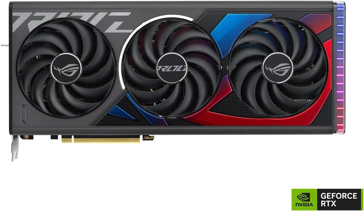 ASUS ROG Strix RTX 4070 Ti graphics card with three axial fans, diecast shroud and vented backplate