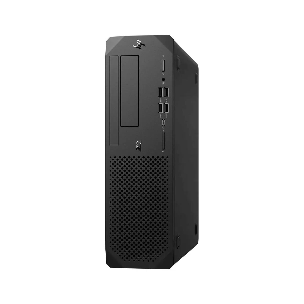 Compact black small-form-factor desktop tower with front panel ports