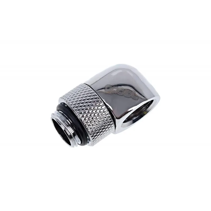 Chrome 90-degree rotary L-connector with G1/4 threads, Alphacool logo, compact metal fitting
