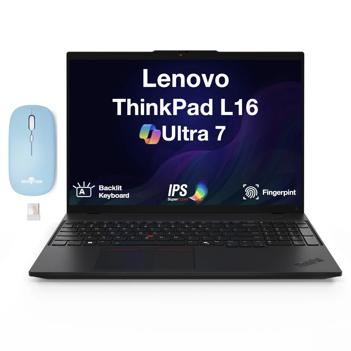 Black 16 inch ThinkPad laptop with matte display and wireless mouse