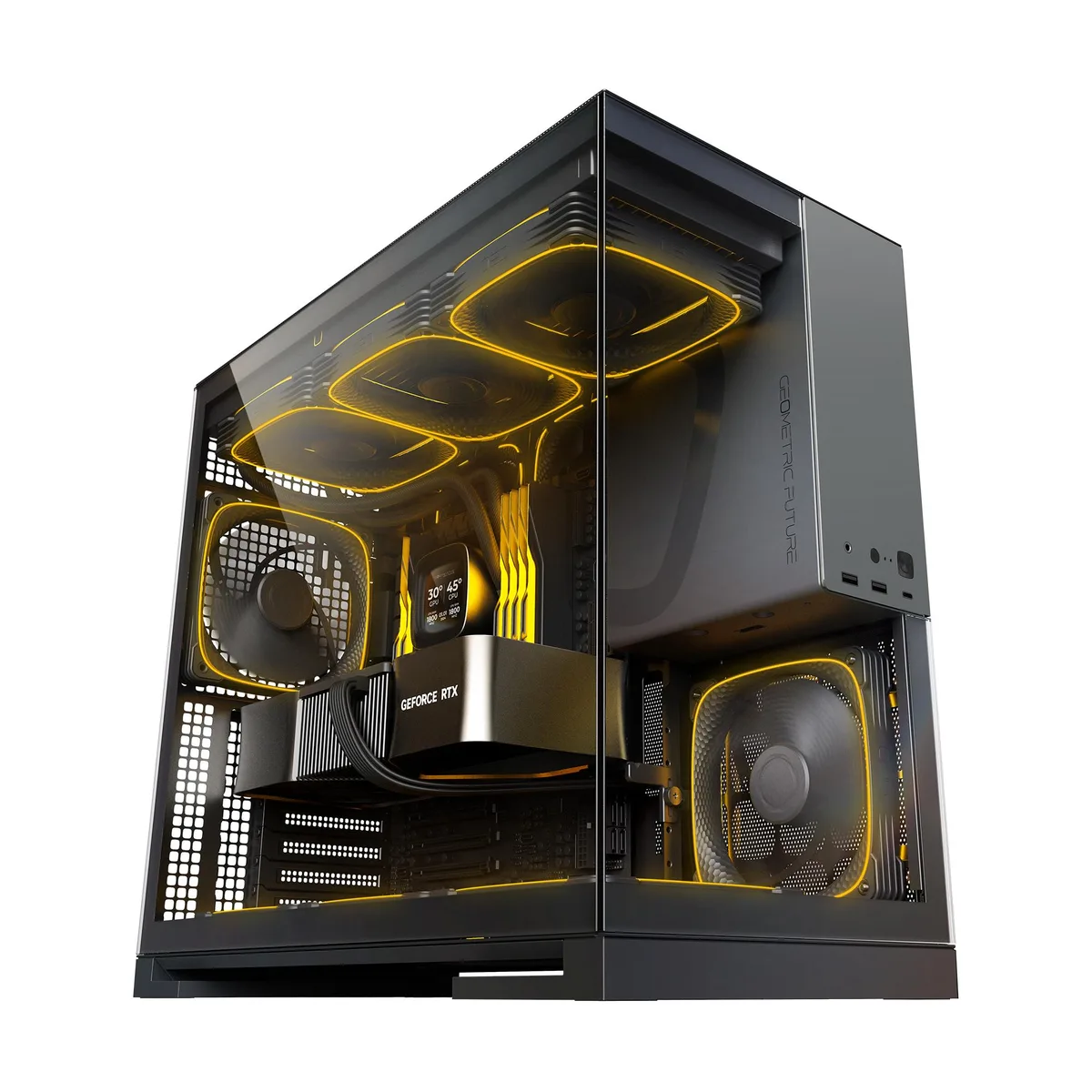 Black and grey mid tower case with tempered glass side panel, steel chassis, front USB Type C port