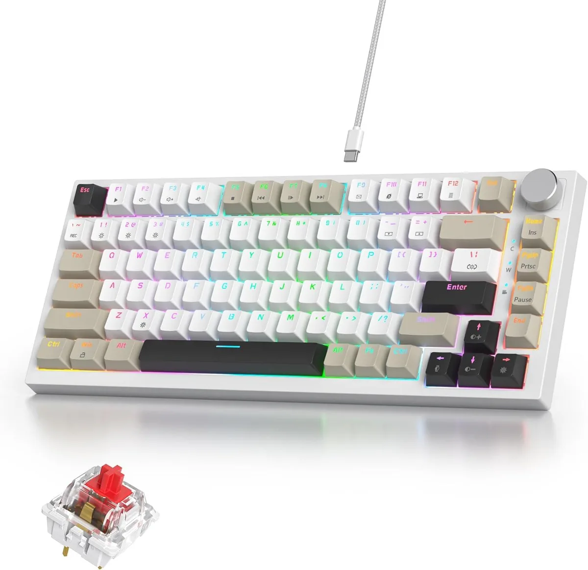 Black and grey compact 75% mechanical keyboard with volume knob and RGB backlighting