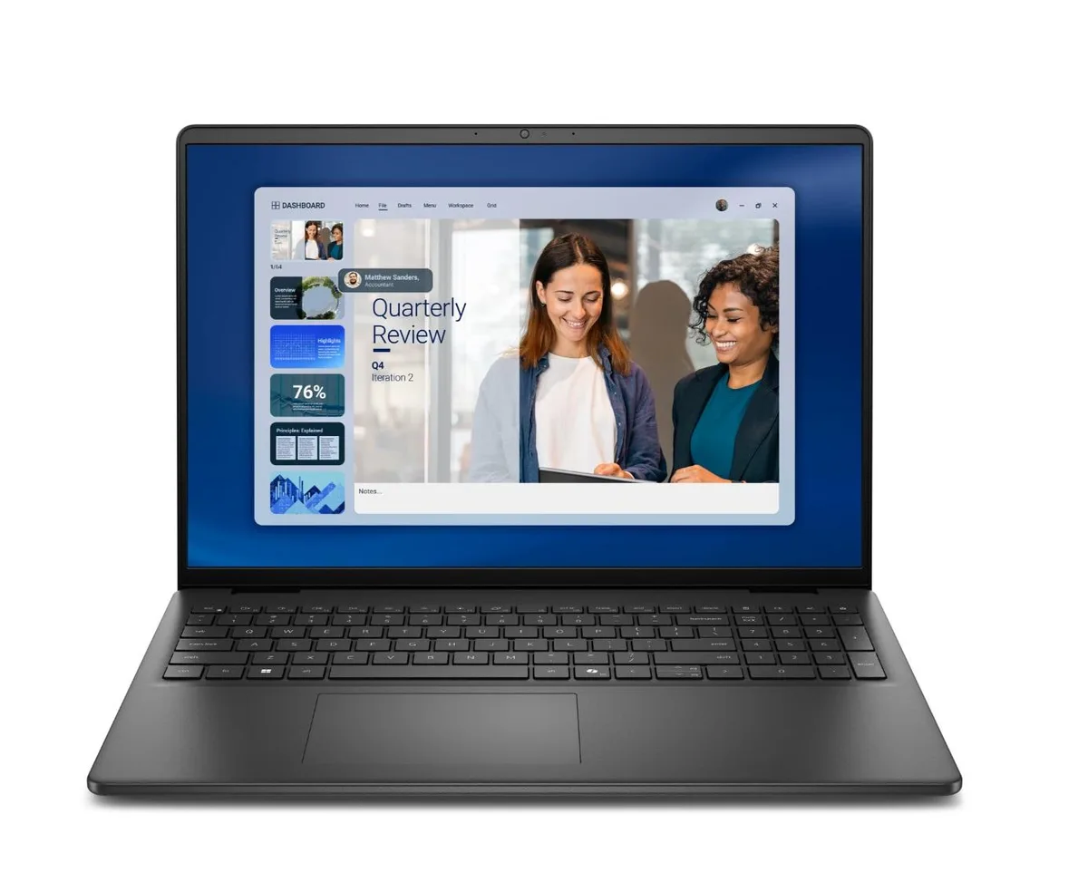 Carbon black Dell 16 laptop with 16 inch FHD+ touchscreen display