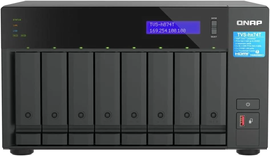 Silver rackmount NAS chassis with eight drive bays and Thunderbolt 4 ports