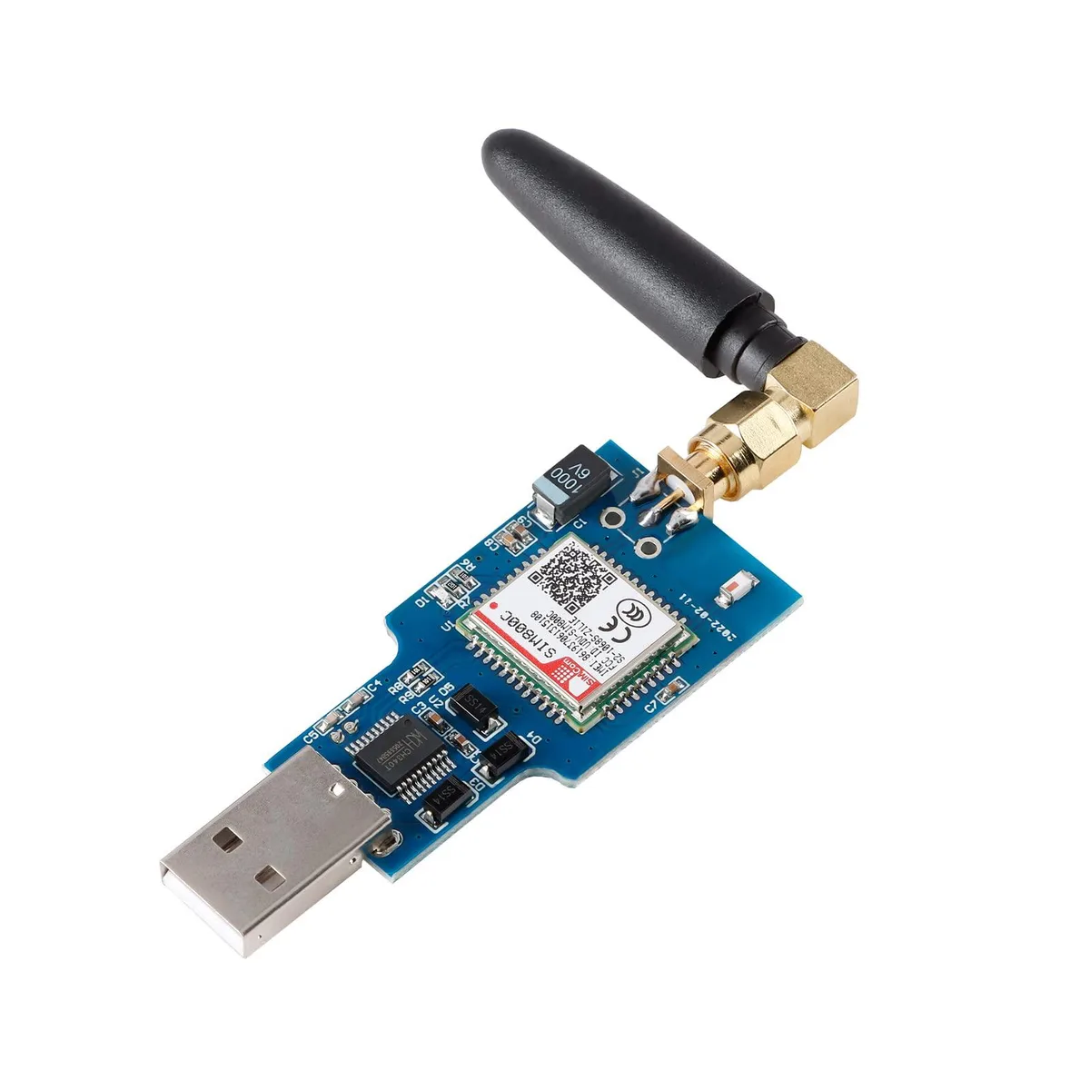 Small green circuit board with USB connector and SIM card slot