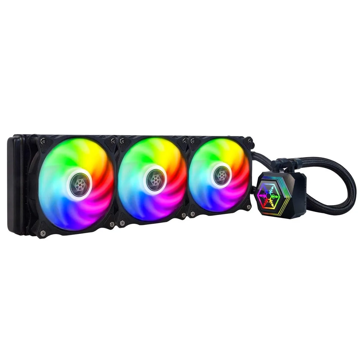Silverstone Permafrost 360mm AIO liquid cooler with three 120mm ARGB fans and illuminated pump block