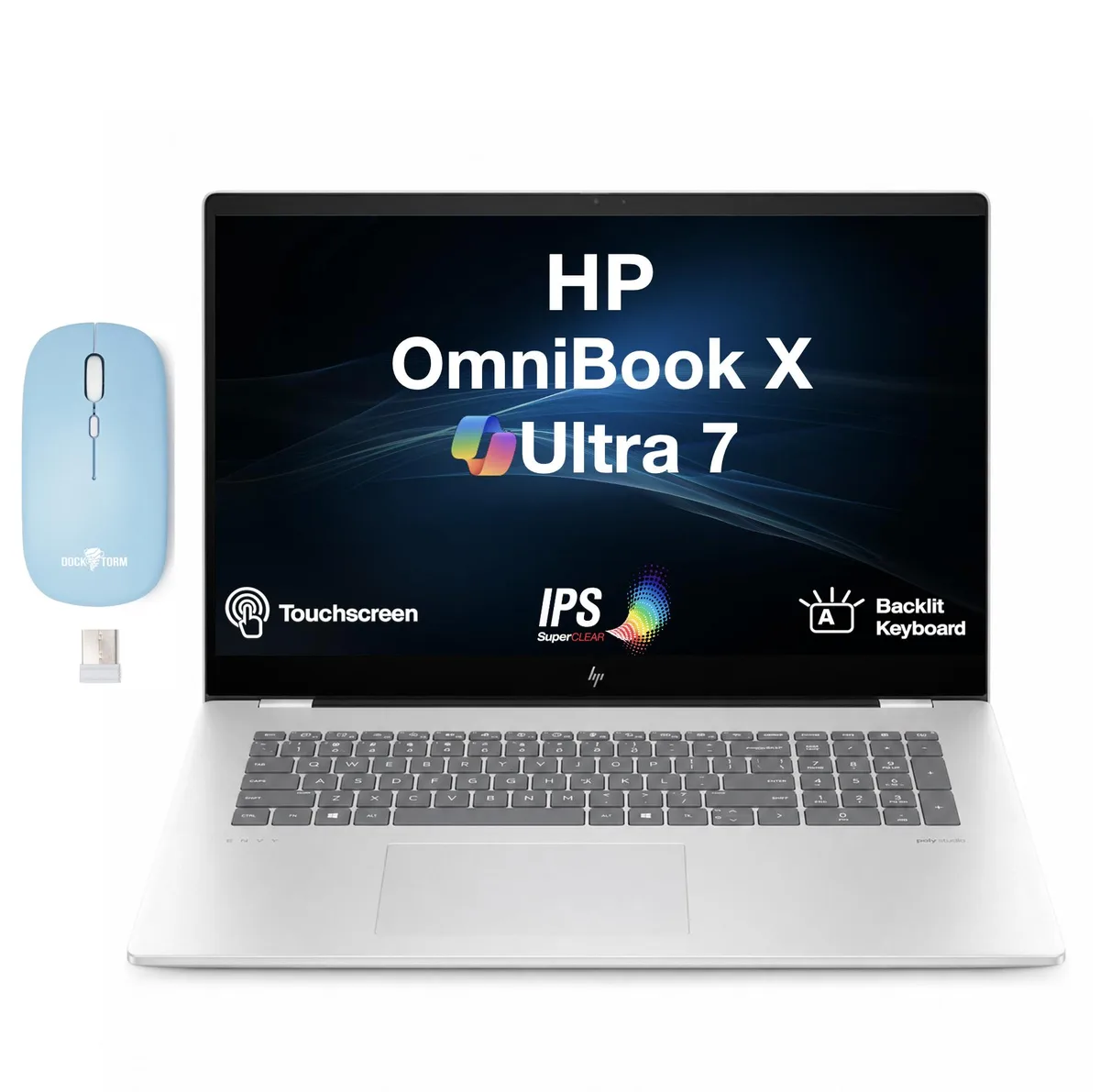 Silver 17.3 inch touchscreen laptop with backlit keyboard and wireless mouse