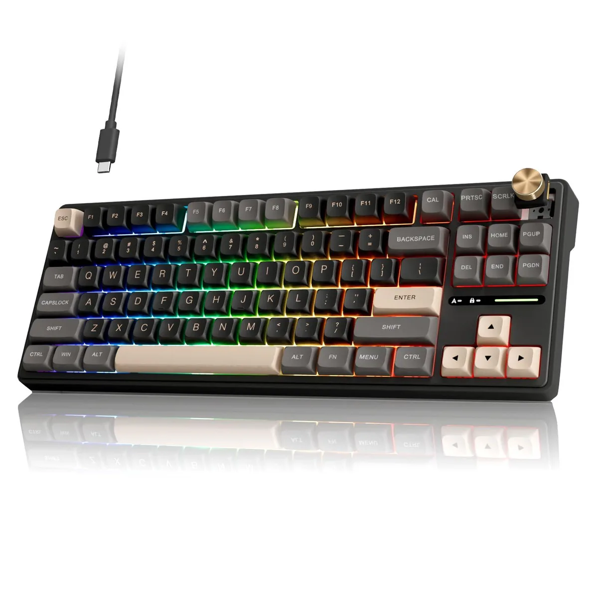 Black 75 percent wired mechanical keyboard with metal rotary knob and MDA profile keycaps