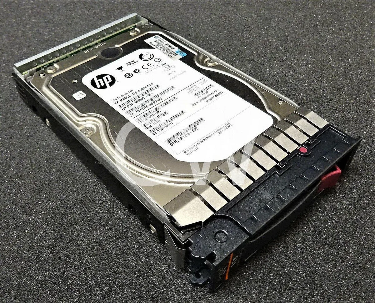 Silver 3.5 inch SAS hard drive mounted in a black carrier tray