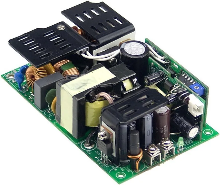 Rectangular metal AT power supply with fan grille and LED indicator