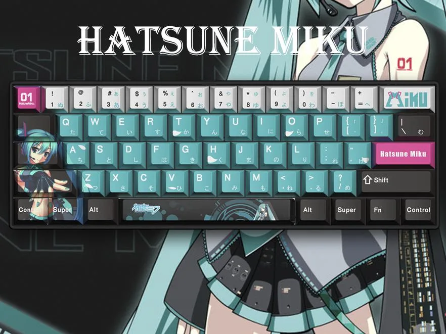 Compact 61-key mechanical keyboard with teal and white Hatsune Miku themed keycaps and white backlighting