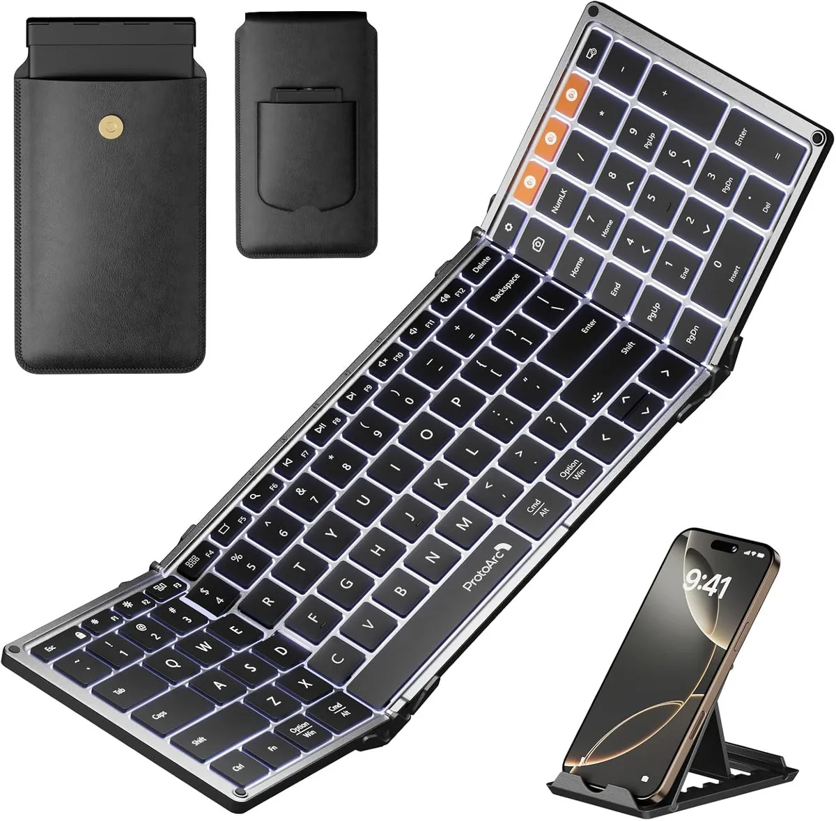 Tri-fold full-size keyboard, dark finish, white backlight, phone stand, leather pouch