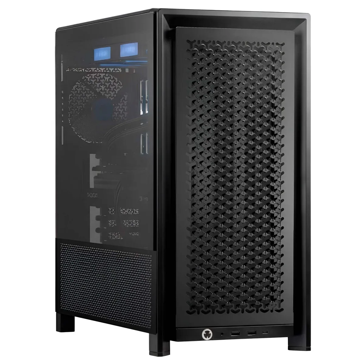 Black mid-tower desktop with tempered glass side panel and liquid cooling visible inside