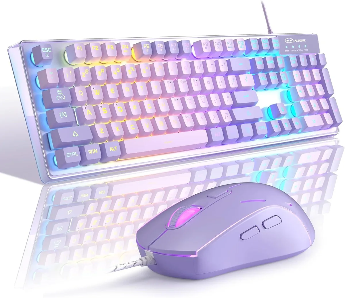 Purple full-size wired keyboard with cartoon PBT keycaps and matching RGB mouse