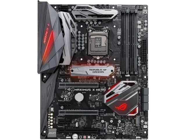 Rectangular ATX motherboard in dark grey with silver heatsinks, four DDR4 slots and multiple PCIe slots visible