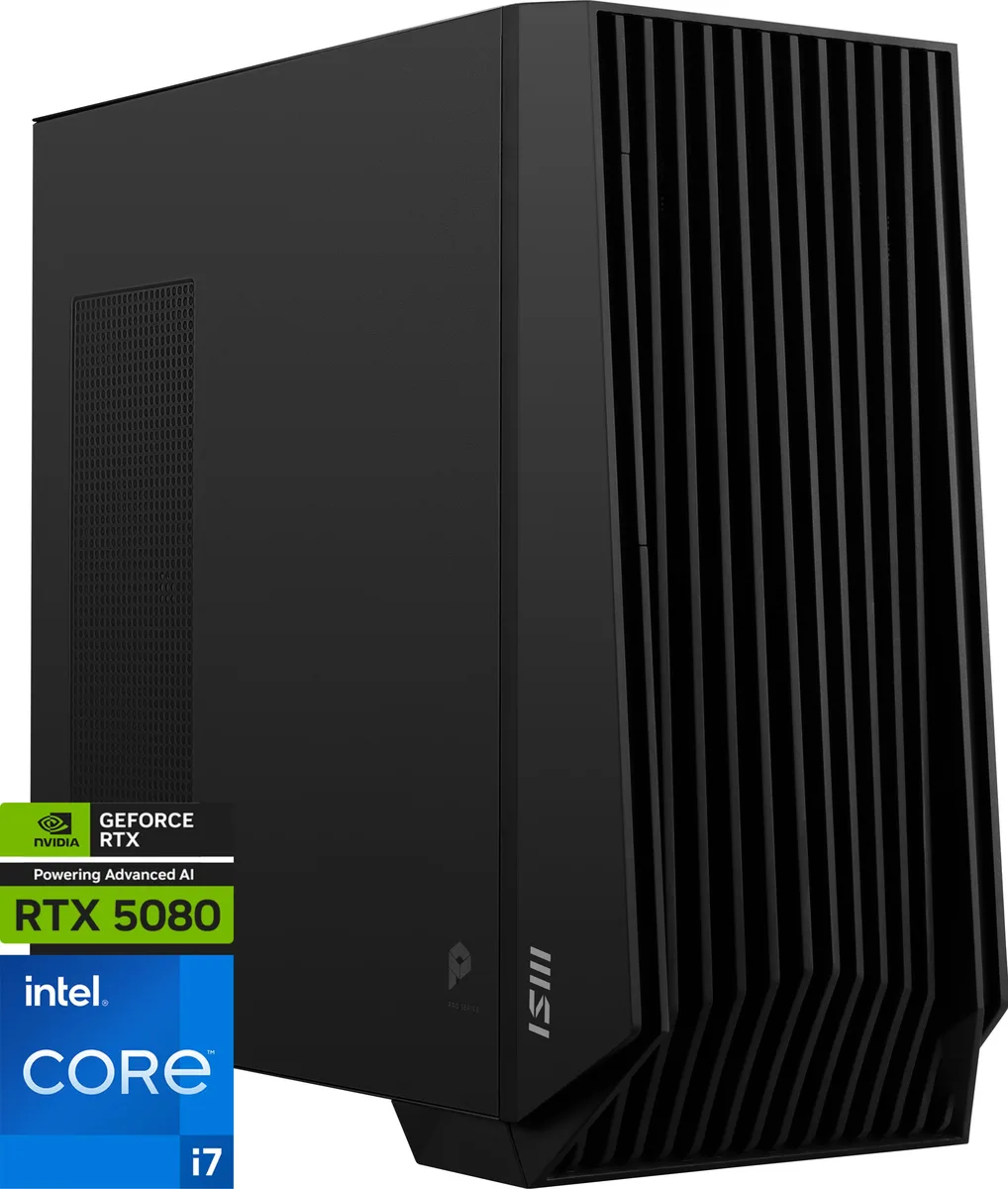 Black full-tower desktop with wireless keyboard and mouse