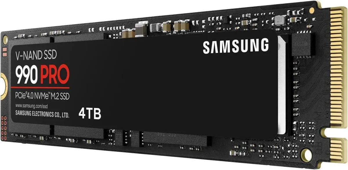 Samsung 990 PRO 4TB M.2 2280 internal SSD green circuit board with black controller and silver label