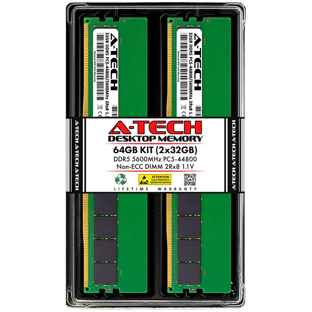 Two green DDR5 DIMM sticks with black chips, no heat spreaders