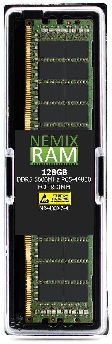 Green circuit board with black memory chips, no heat spreader, gold edge connectors, single 288-pin DDR5 RDIMM module
