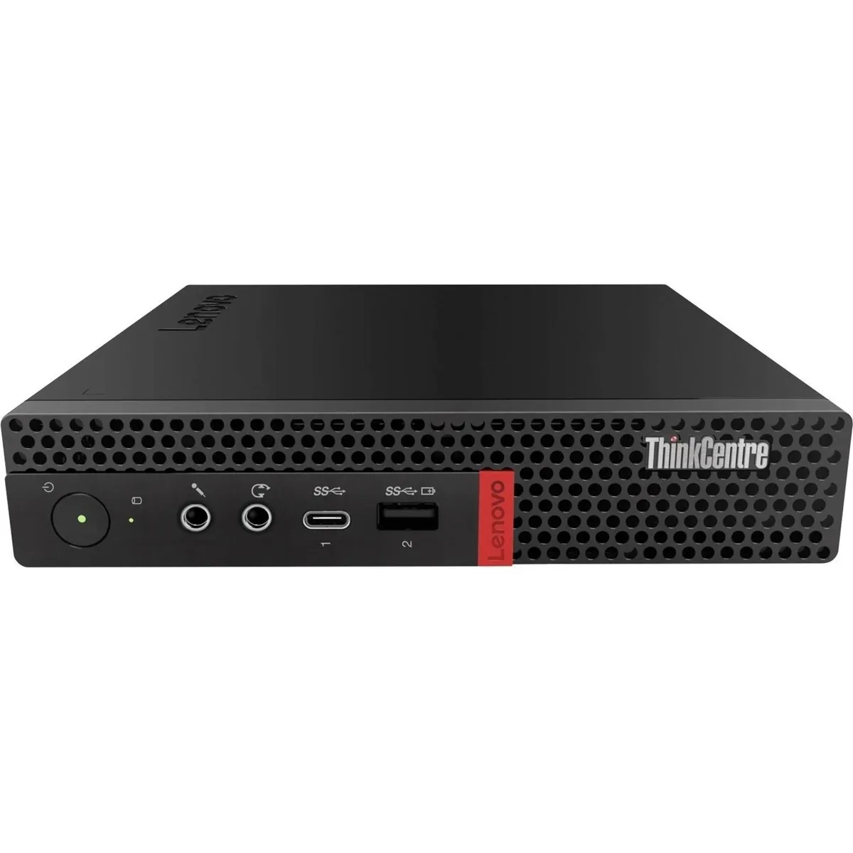 Small black rectangular micro desktop unit with front ports visible