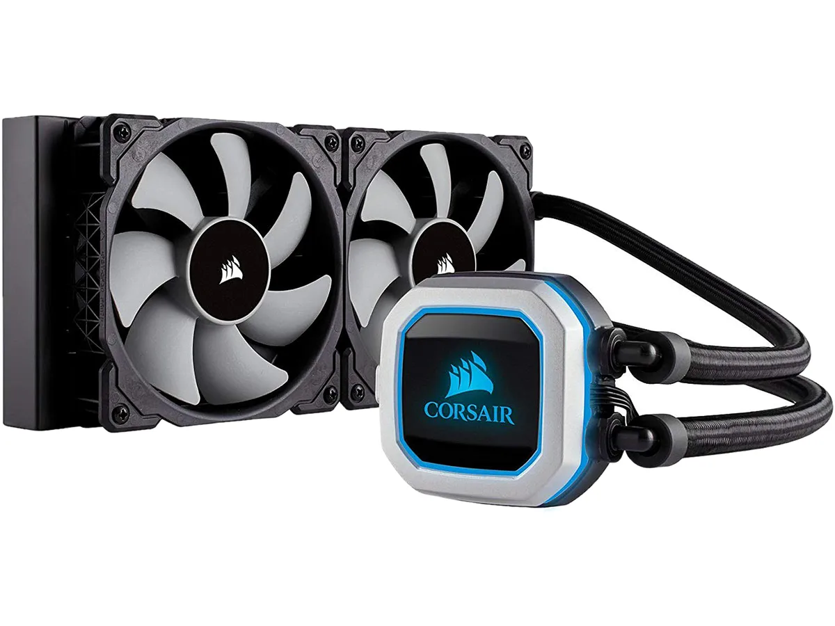 Black rectangular radiator with two 120mm fans and RGB pump head