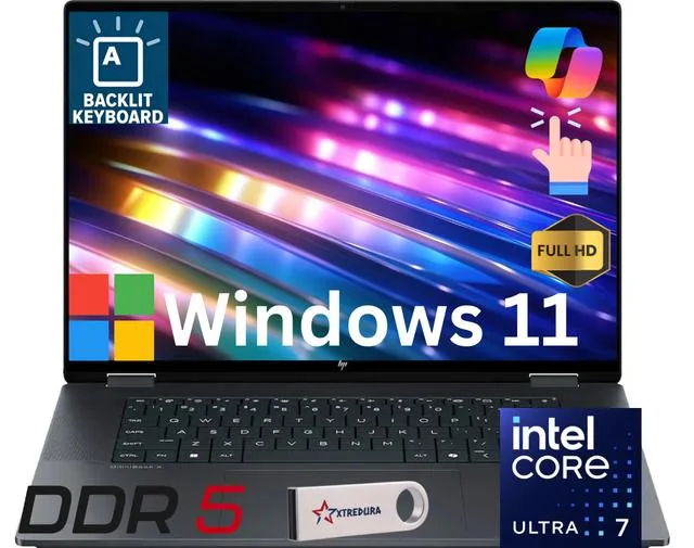 Black 16-inch 2-in-1 laptop with touchscreen and backlit keyboard