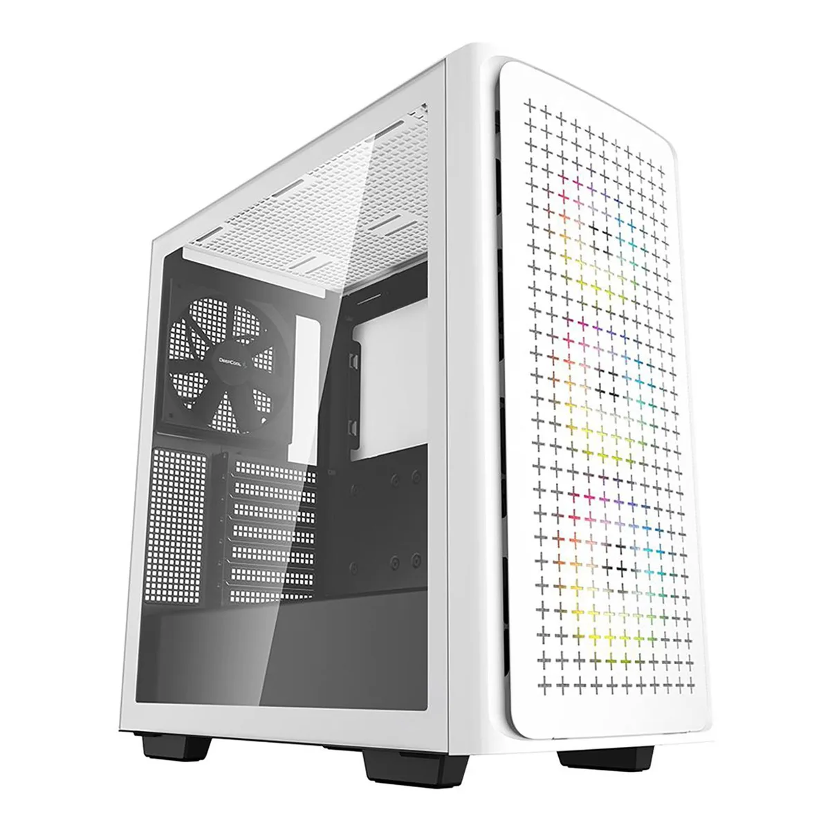 White mid-tower PC with tempered glass side panel and RGB lighting
