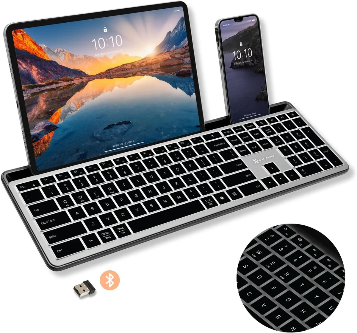 Full-size 110-key gray keyboard with integrated phone holder and white LED backlighting
