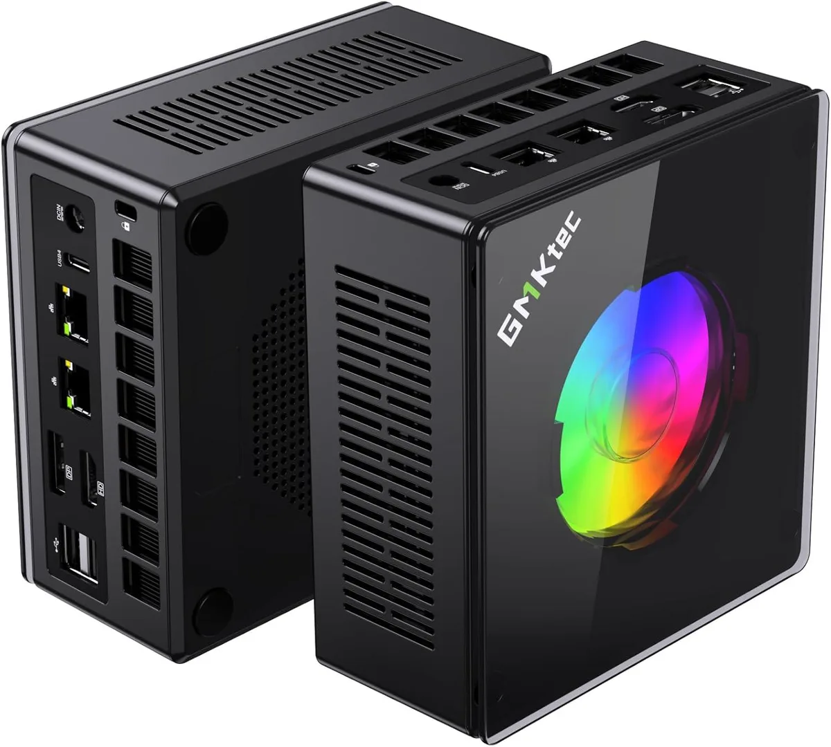 Small black mini PC barebone with front ports and ventilation visible