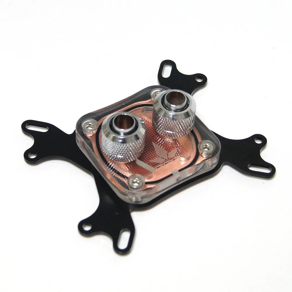 Square CPU water block with transparent acrylic top, copper base, G1/4 fittings, stainless brackets