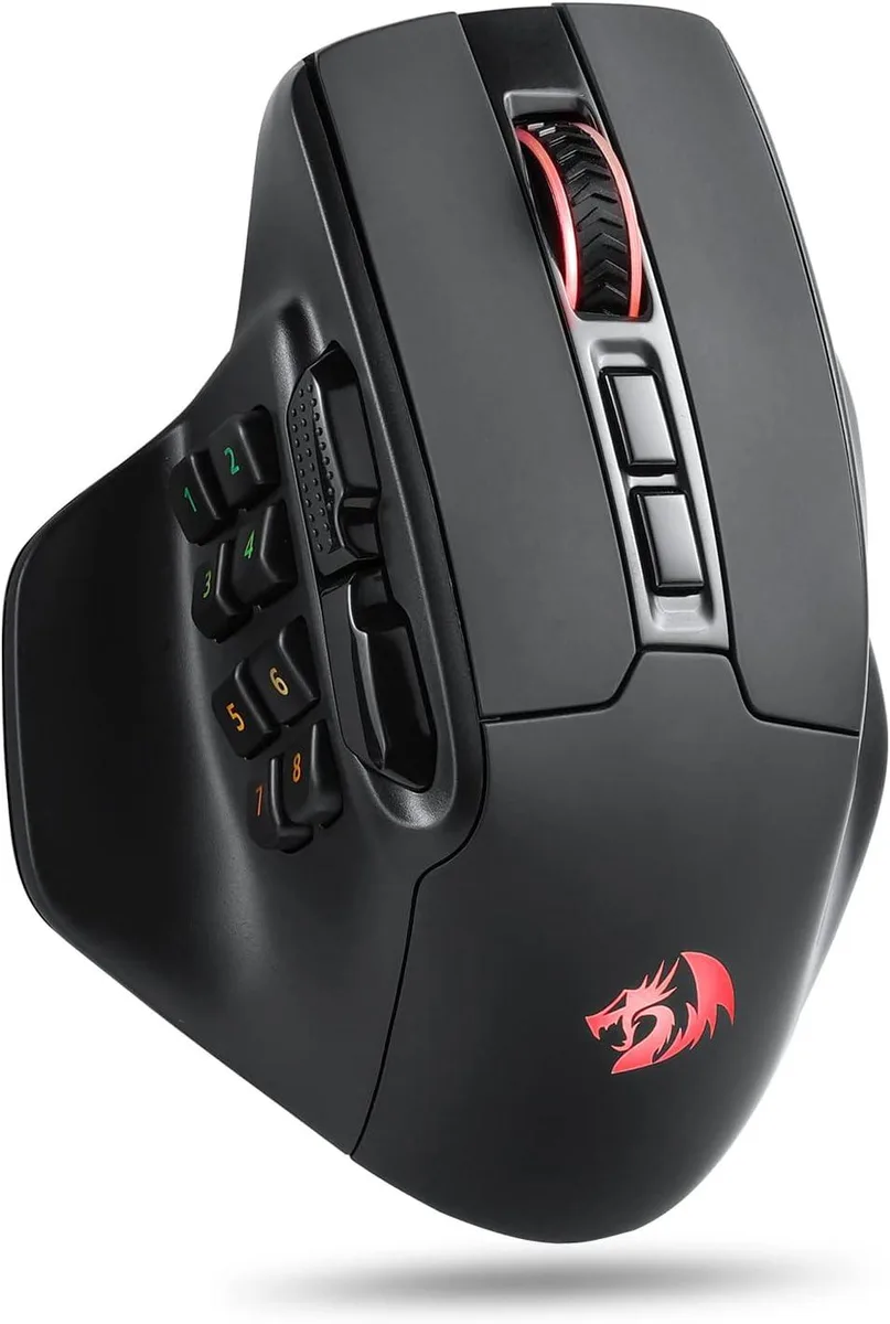 Black wireless MMO gaming mouse with 15 buttons and RGB lighting