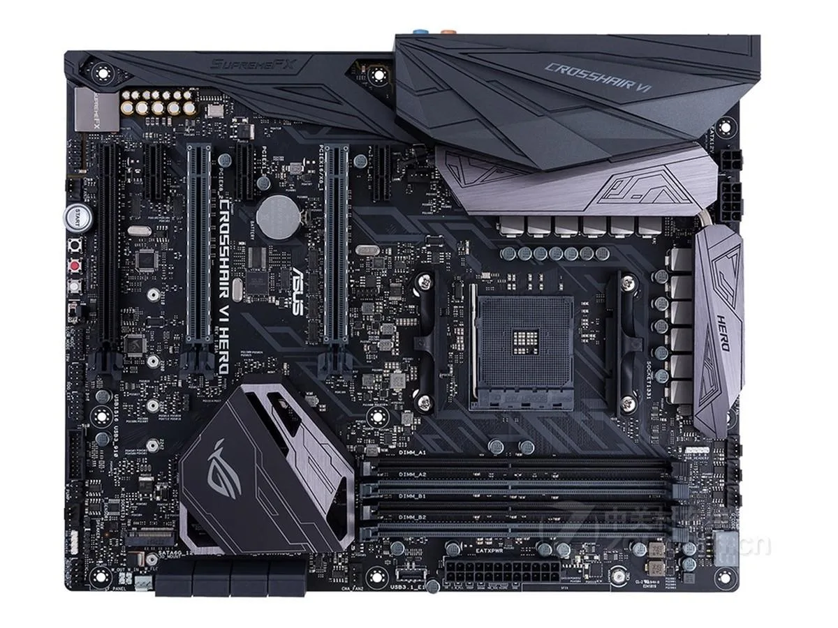 ATX motherboard with black PCB and silver heatsinks