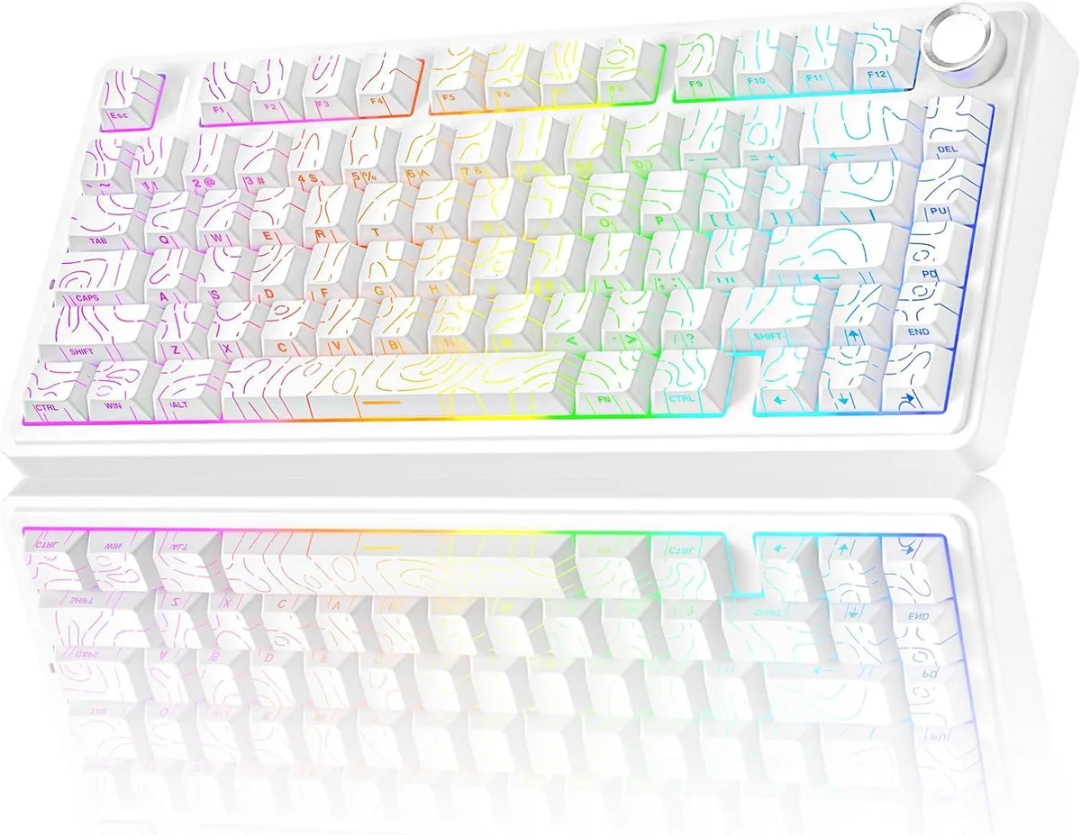 White 75 percent wireless mechanical keyboard with side knob and RGB backlighting