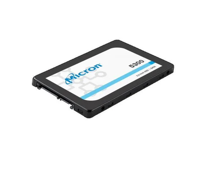 Rectangular 2.5 inch drive labelled Micron 5300 PRO 3.84TB