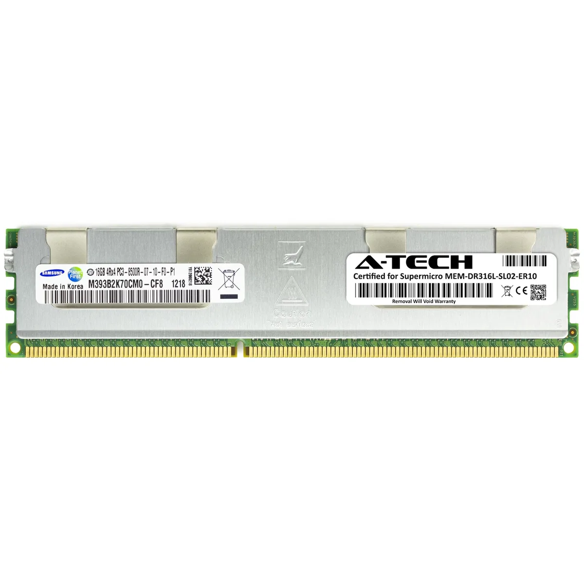 Green printed circuit board with gold edge contacts and black memory chips in a 240-pin RDIMM form factor