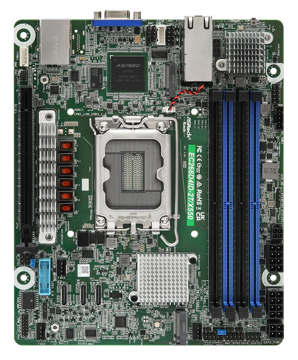 Deep mini-ITX server motherboard, green PCB, silver I/O shield, LGA 1700 socket, four DDR5 slots, PCIe 5.0 x16, dual 10GbE RJ45, VGA