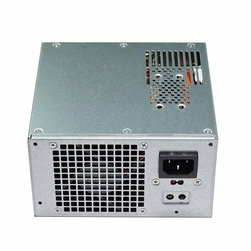 Rectangular silver ATX power supply unit with rear fan grille and side label