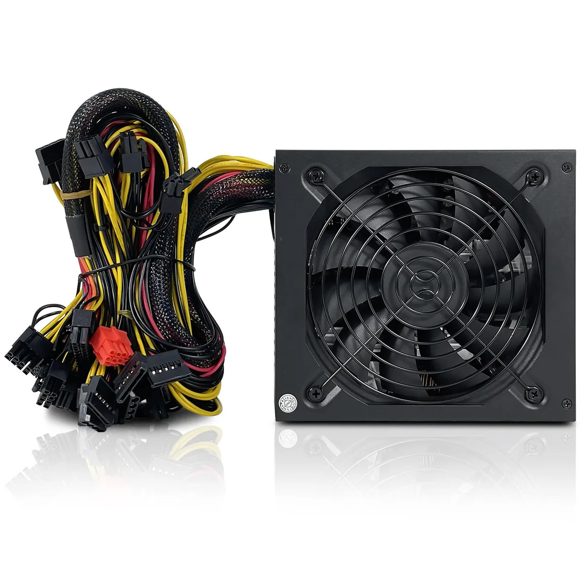 Black ATX power supply unit with matte metal case and large cooling fan visible