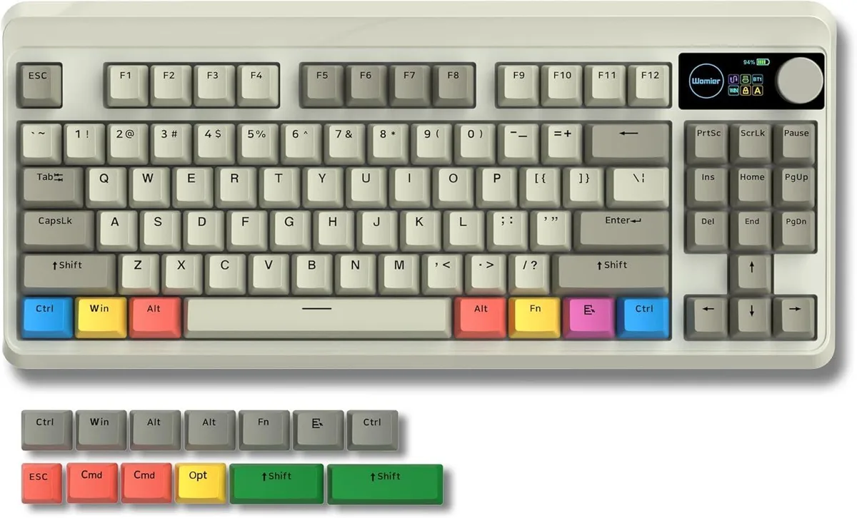 Grey 75% wireless mechanical keyboard with OLED display and rotary knob