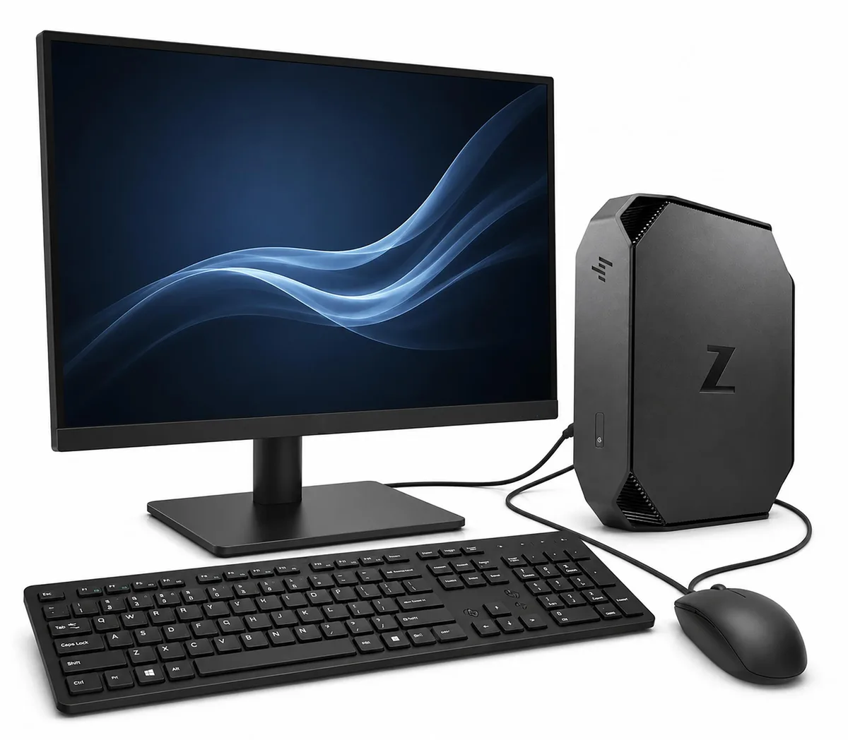 Compact HP Z2 G4 Mini workstation with 24 inch monitor keyboard and mouse